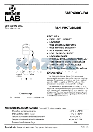 SMP400G-BA datasheet - P.I.N. PHOTODIODE