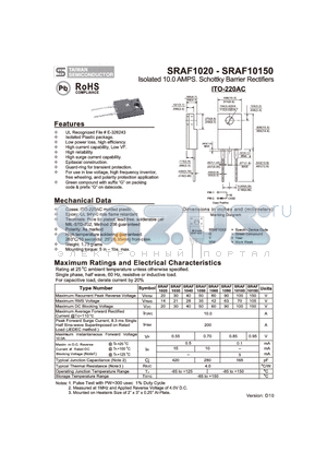 SRAF10100 datasheet - Isolated 10.0 AMPS. Schottky Barrier Rectifiers