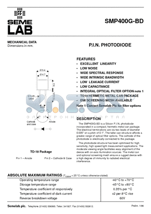 SMP400G-BD datasheet - P.I.N. PHOTODIODE