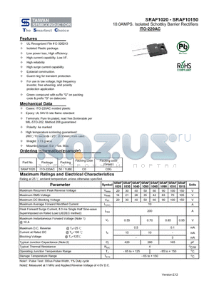 SRAF10150 datasheet - 10.0AMPS. Isolated Schottky Barrier Rectifiers High reliability