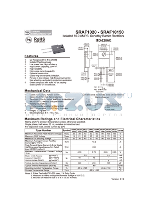 SRAF1020 datasheet - Isolated 10.0 AMPS. Schottky Barrier Rectifiers