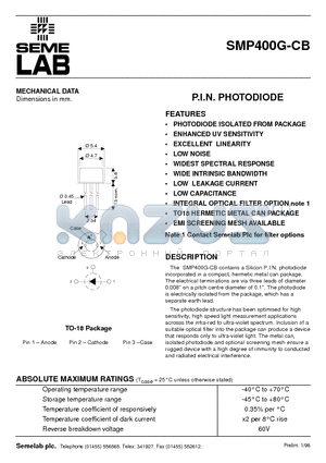 SMP400G-CB datasheet - P.I.N. PHOTODIODE