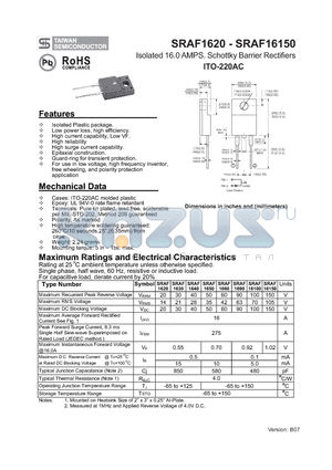 SRAF16100 datasheet - Isolated 16.0 AMPS. Schottky Barrier Rectifiers