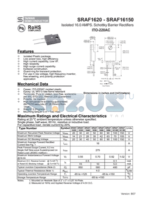 SRAF1620_1 datasheet - Isolated 16.0 AMPS. Schottky Barrier Rectifiers