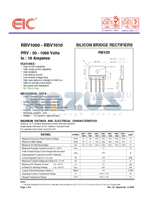 RBV1001 datasheet - SILICON BRIDGE RECTIFIERS