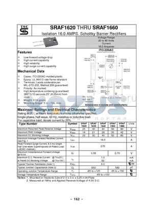 SRAF1650 datasheet - Isolation 16.0 AMPS. Schottky Barrier Rectifiers