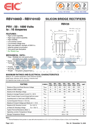 RBV1001D datasheet - SILICON BRIDGE RECTIFIERS