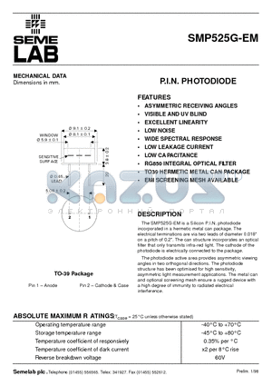 SMP525G-EM datasheet - P.I.N. PHOTODIODE