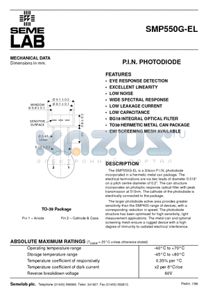 SMP550G-EL datasheet - P.I.N. PHOTODIODE