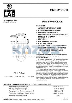 SMP525G-FK datasheet - P.I.N. PHOTODIODE