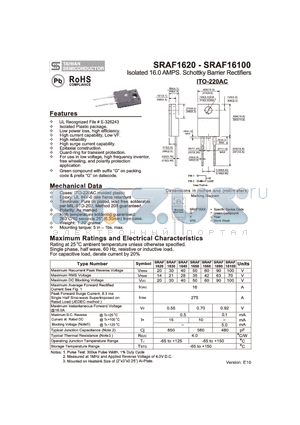 SRAF1660 datasheet - Isolated 16.0 AMPS. Schottky Barrier Rectifiers