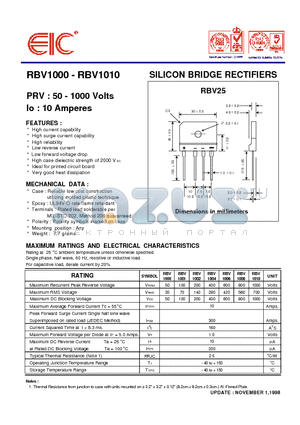 RBV1008 datasheet - SILICON BRIDGE RECTIFIERS