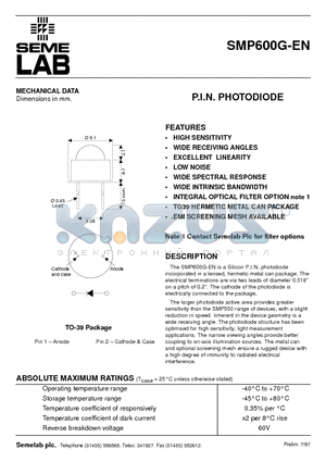 SMP600G-EN datasheet - P.I.N. PHOTODIODE