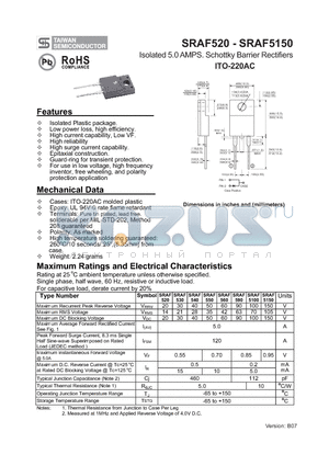 SRAF540 datasheet - Isolated 5.0 AMPS. Schottky Barrier Rectifiers