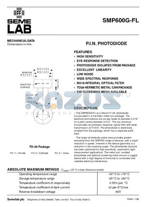 SMP600G-FL datasheet - P.I.N. PHOTODIODE