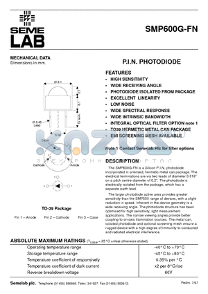 SMP600G-FN datasheet - P.I.N. PHOTODIODE