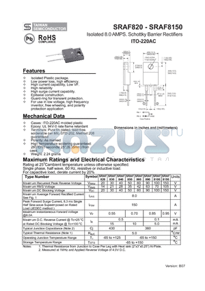 SRAF8150 datasheet - Isolated 8.0 AMPS. Schottky Barrier Rectifiers