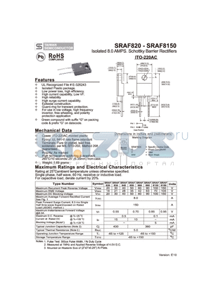 SRAF8150 datasheet - Isolated 8.0 AMPS. Schottky Barrier Rectifiers