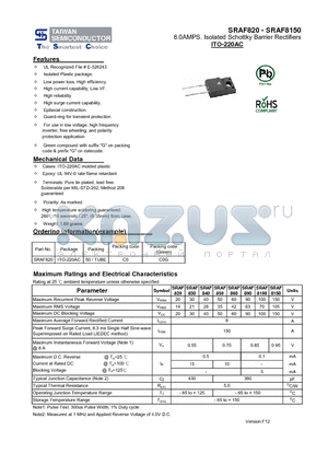 SRAF8150 datasheet - 8.0AMPS. Isolated Schottky Barrier Rectifiers