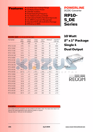 RP10-1212DE datasheet - 10 Watt 2inch x 1inch Package Single & Dual Output