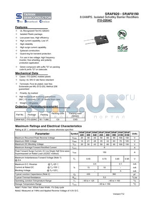 SRAF820_13 datasheet - 8.0AMPS. Isolated Schottky Barrier Rectifiers