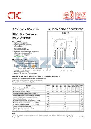 RBV2500 datasheet - SILICON BRIDGE RECTIFIERS