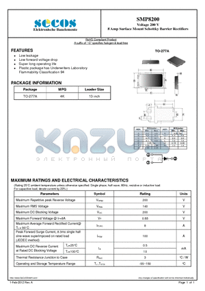 SMP8200 datasheet - Voltage 200 V 8 Amp Surface Mount Schottky Barrier Rectifiers