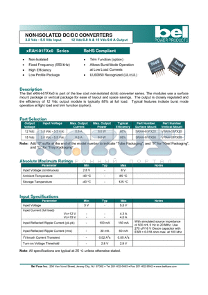 SRAH-01FX20 datasheet - NON-ISOLATED DC/DC CONVERTERS 3.0 Vdc - 5.5 Vdc Input 12 Vdc/0.8 A & 15 Vdc/0.6 A Output