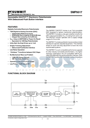 SMP9517S datasheet - Nonvolatile DACPOT Electronic Potentiometer With Debounced Push Button Interface