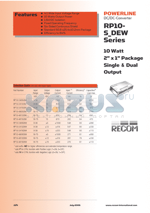 RP10-2415DEWN datasheet - 10 Watt 2 x 1 Package Single & Dual Output