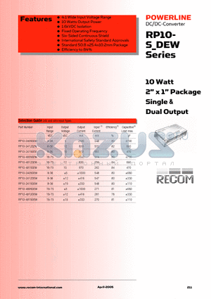 RP10-4805DEW datasheet - 10 Watt 2inch x 1inch Package Single & Dual Output