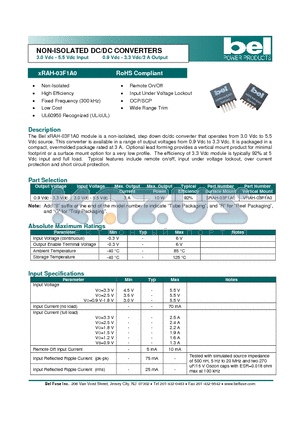 SRAH-03F1A0 datasheet - NON-ISOLATED DC/DC CONVERTERS 3.0 Vdc - 5.5 Vdc Input 0.9 Vdc - 3.3 Vdc/3 A Output