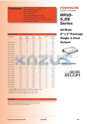 RP10-4805SEM2 datasheet - 10 Watt 2 x 1 Package Single & Dual Output