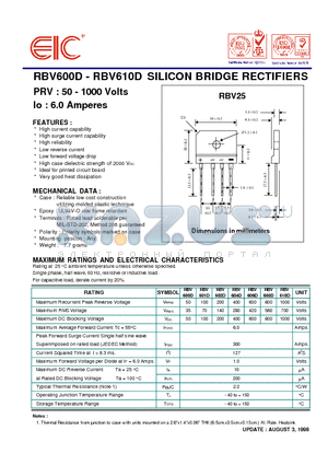 RBV600D datasheet - SILICON BRIDGE RECTIFIERS