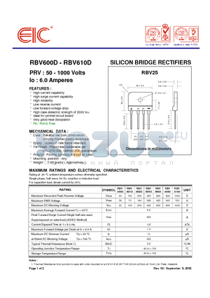 RBV601D datasheet - SILICON BRIDGE RECTIFIERS