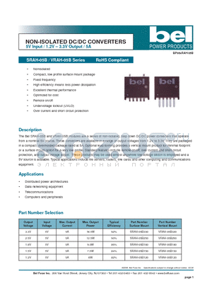 SRAH-05B120 datasheet - NON-ISOLATED DC/DC CONVERTERS 5V Input / 1.2V - 3.3V Output / 5A