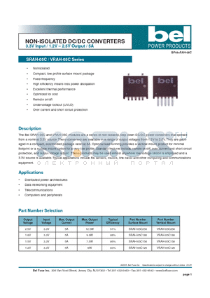 SRAH-05C120 datasheet - NON-ISOLATED DC/DC CONVERTERS 3.3V Input / 1.2V - 2.5V Output / 5A