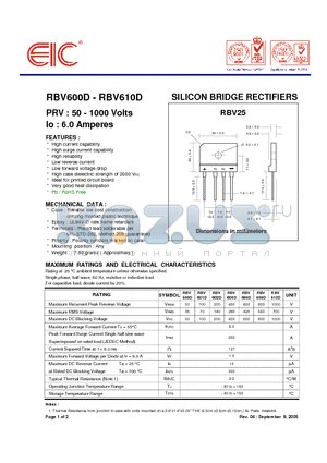 RBV608D datasheet - SILICON BRIDGE RECTIFIERS