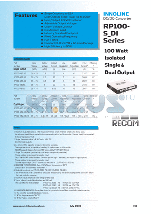 RP100-4805S datasheet - 100 Watt Isolated Single & Dual Output