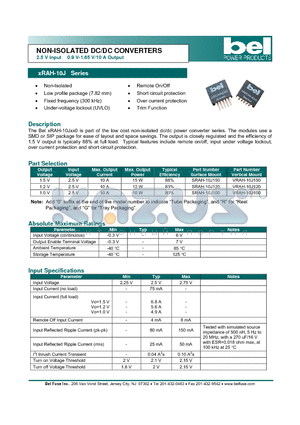 SRAH-10J100 datasheet - NON-ISOLATED DC/DC CONVERTERS 2.5 V Input 0.9 V-1.65 V/10 A Output