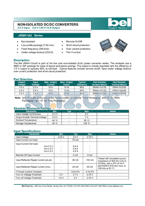 SRAH-10J120 datasheet - NON-ISOLATED DC/DC CONVERTERS 2.5 V Input 0.9 V-1.65 V/10 A Output