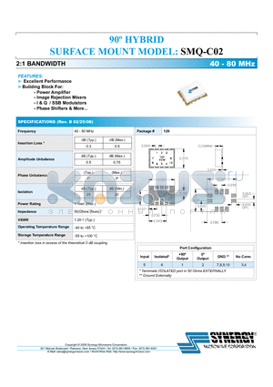 SMQ-C02 datasheet - 90j HYBRID 2:1 SURFACE MOUNT Bandwidth 40 - 80 MHz