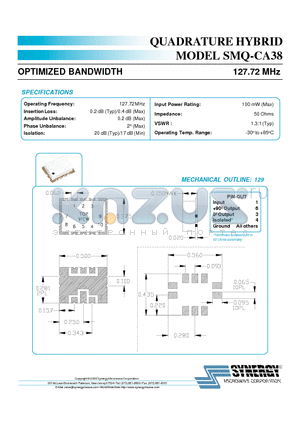 SMQ-CA38 datasheet - QUADRATURE HYBRID OPTIMIZED BANDWIDTH 127.72 MHz