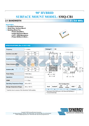 SMQ-CB1 datasheet - 90j HYBRID SURFACE MOUNT 2:1 bandwidth 7 - 14 MHz