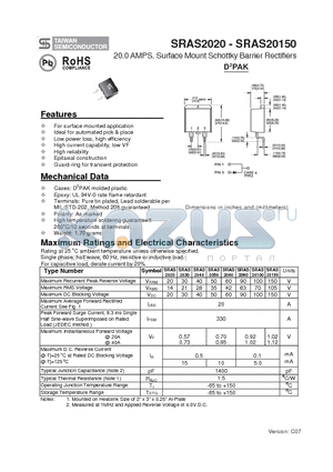 SRAS2060 datasheet - 20.0 AMPS. Surface Mount Schottky Barrier Rectifiers
