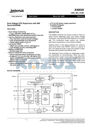 X40626S14I datasheet - Dual Voltage CPU Supervisor with 64K Serial EEPROM