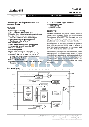 X40626V14 datasheet - Dual Voltage CPU Supervisor with 64K Serial EEPROM