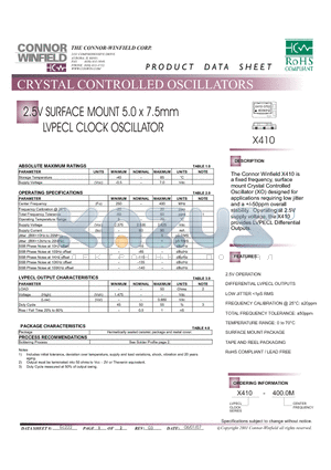 X410 datasheet - 2.5V SURFACE MOUNT 5.0 x 7.5mm LVPECL CLOCK OSCILLATOR