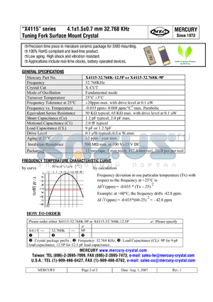 X4115-32.768K-12.5P datasheet - 4.1x1.5x0.7 mm 32.768 KHz Tuning Fork Surface Mount Crystal