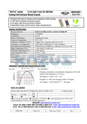 X4115-32.768K-9P datasheet - 4.1x1.5x0.7 mm 32.768 KHz Tuning Fork Surface Mount Crystal